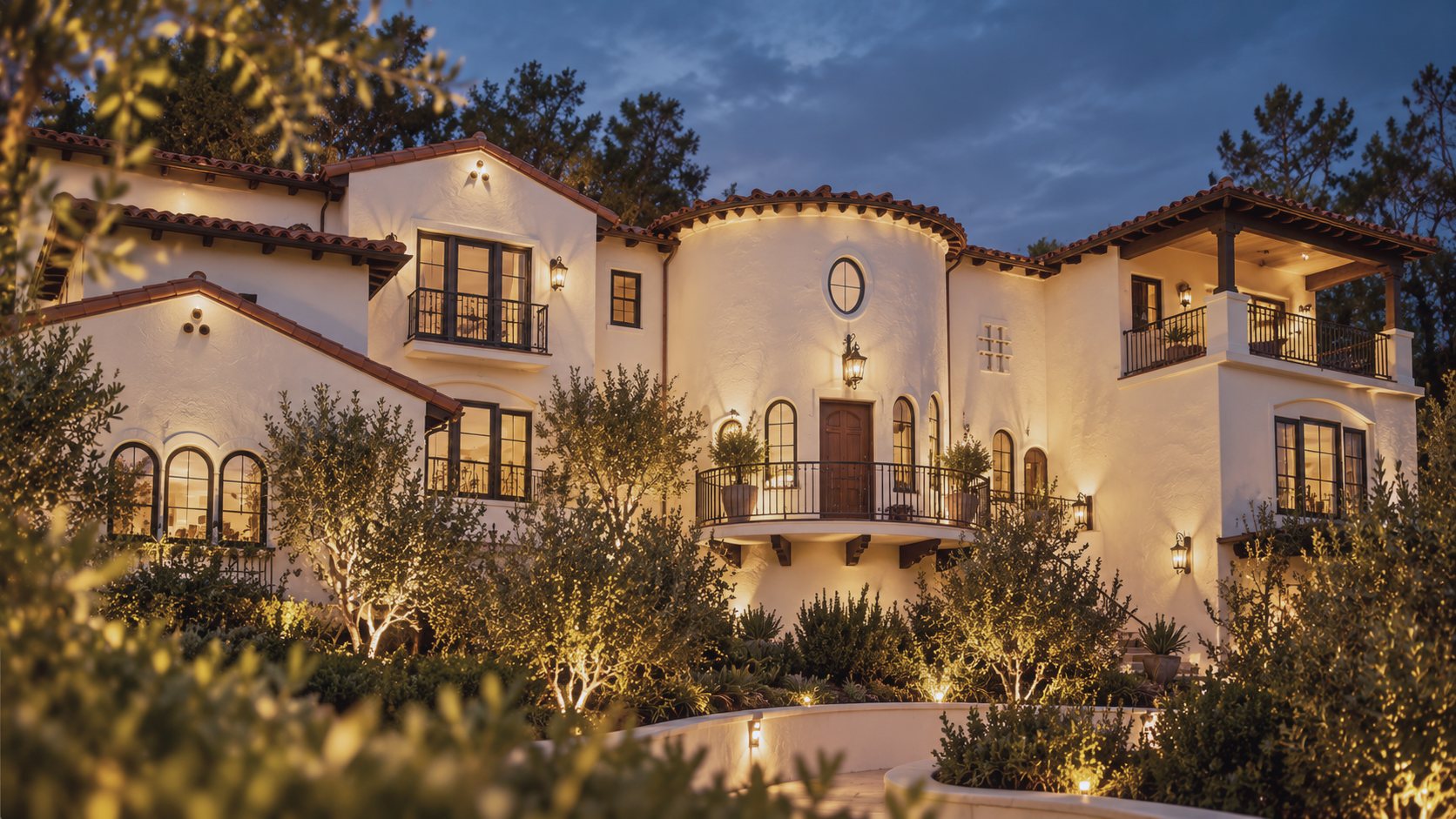 A Spanish-style house at dusk, its windows and garden lights glowing
