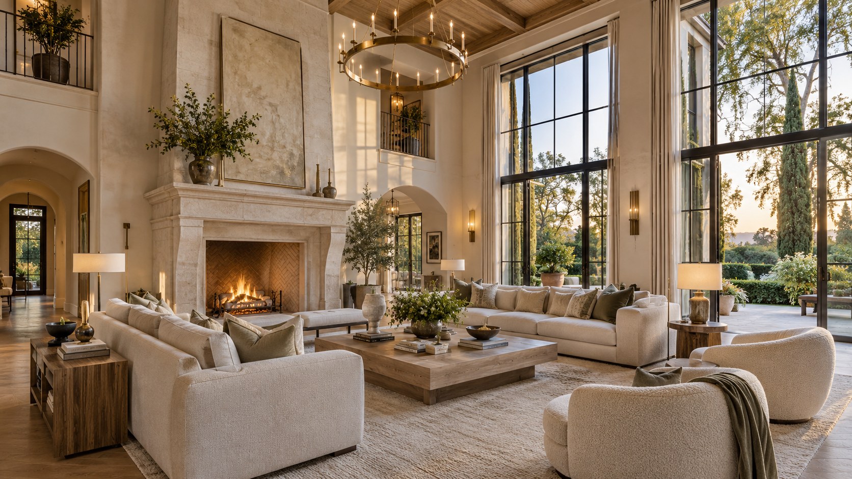 A living room with tall windows, lit for the evening